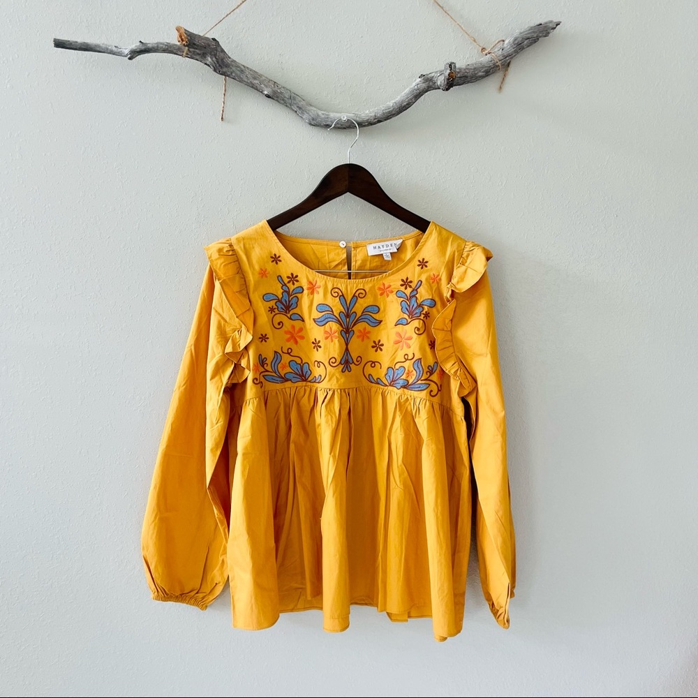 Hayden Mustard Yellow Embroidered Ruffle Yoke Blouse
